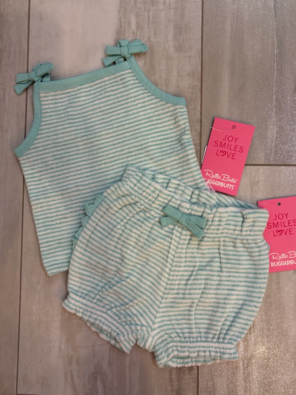 NWT RuffleButts Aqua Stripe Terry Cloth Tank Top & Bubble Shorts Set Girls 0-3M